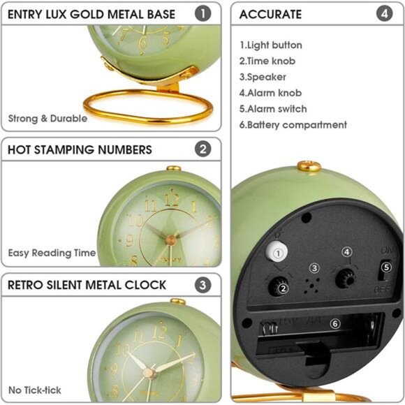 Metal Desk Clock, Retro Bedroom Table Vintage Analog Alarm Clock - Picture 3 of 7